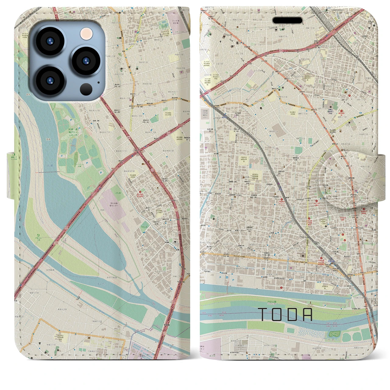 【戸田】地図柄iPhoneケース（手帳両面タイプ・ナチュラル）iPhone 13 Pro Max 用