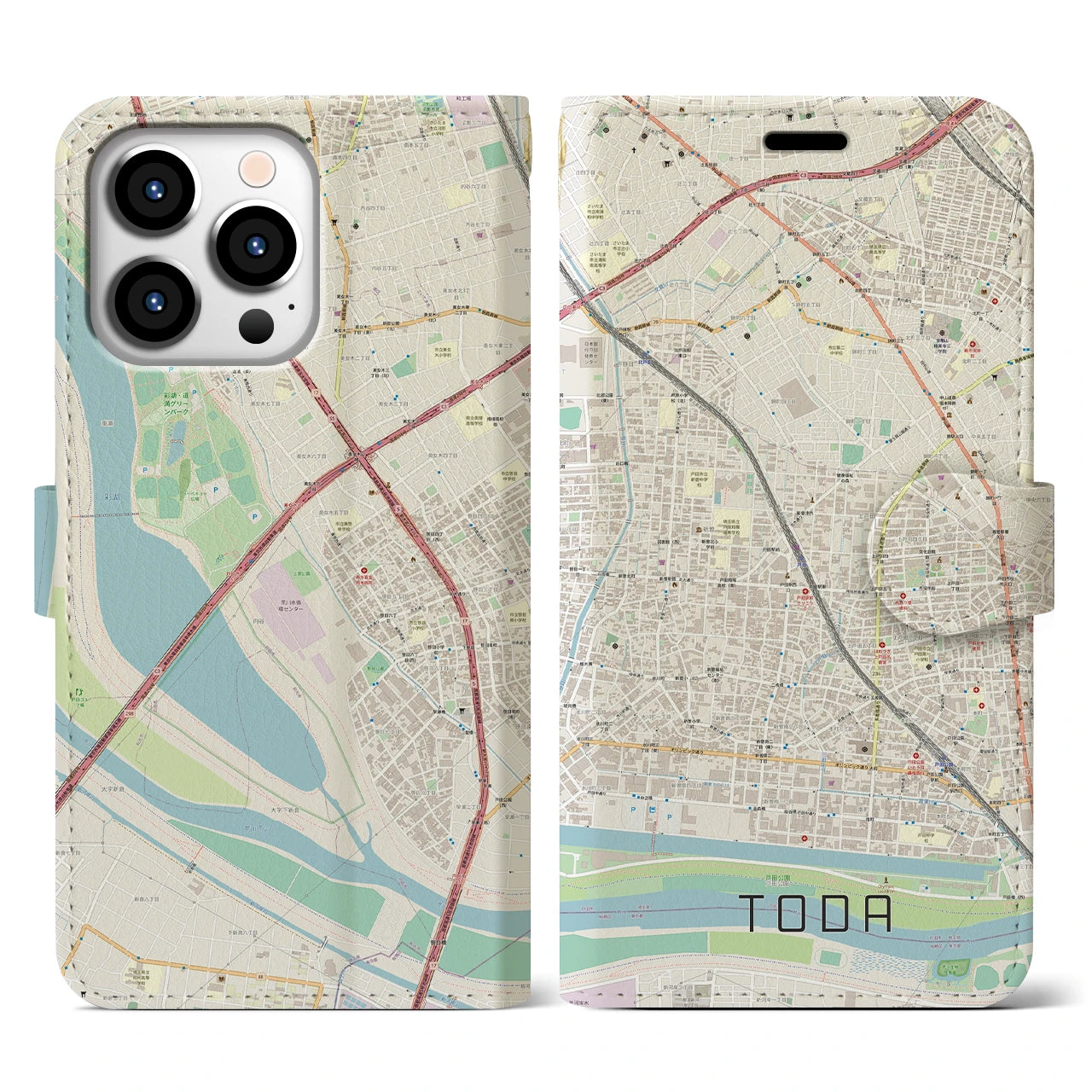 【戸田】地図柄iPhoneケース（手帳両面タイプ・ナチュラル）iPhone 13 Pro 用