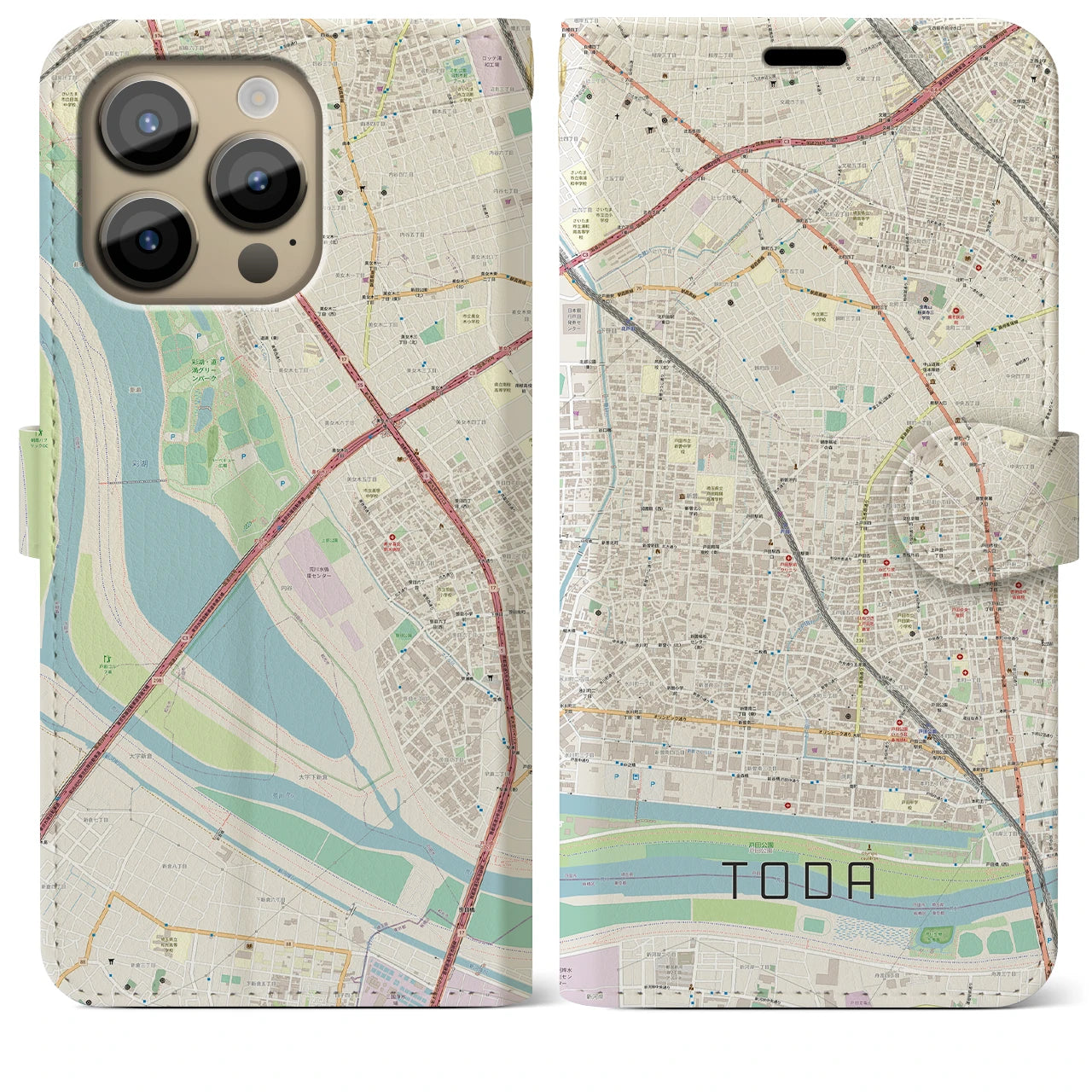 【戸田】地図柄iPhoneケース（手帳両面タイプ・ナチュラル）iPhone 14 Pro Max 用