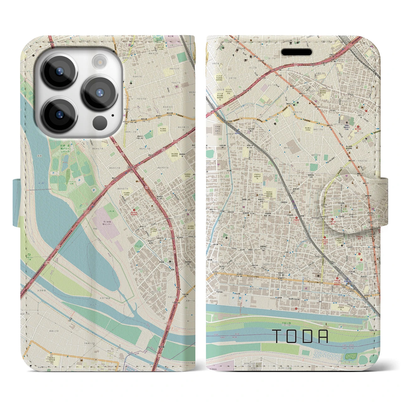 【戸田】地図柄iPhoneケース（手帳両面タイプ・ナチュラル）iPhone 14 Pro 用