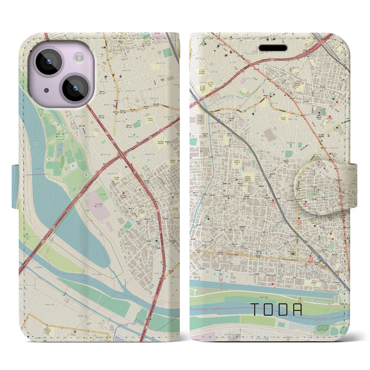 【戸田】地図柄iPhoneケース（手帳両面タイプ・ナチュラル）iPhone 14 用