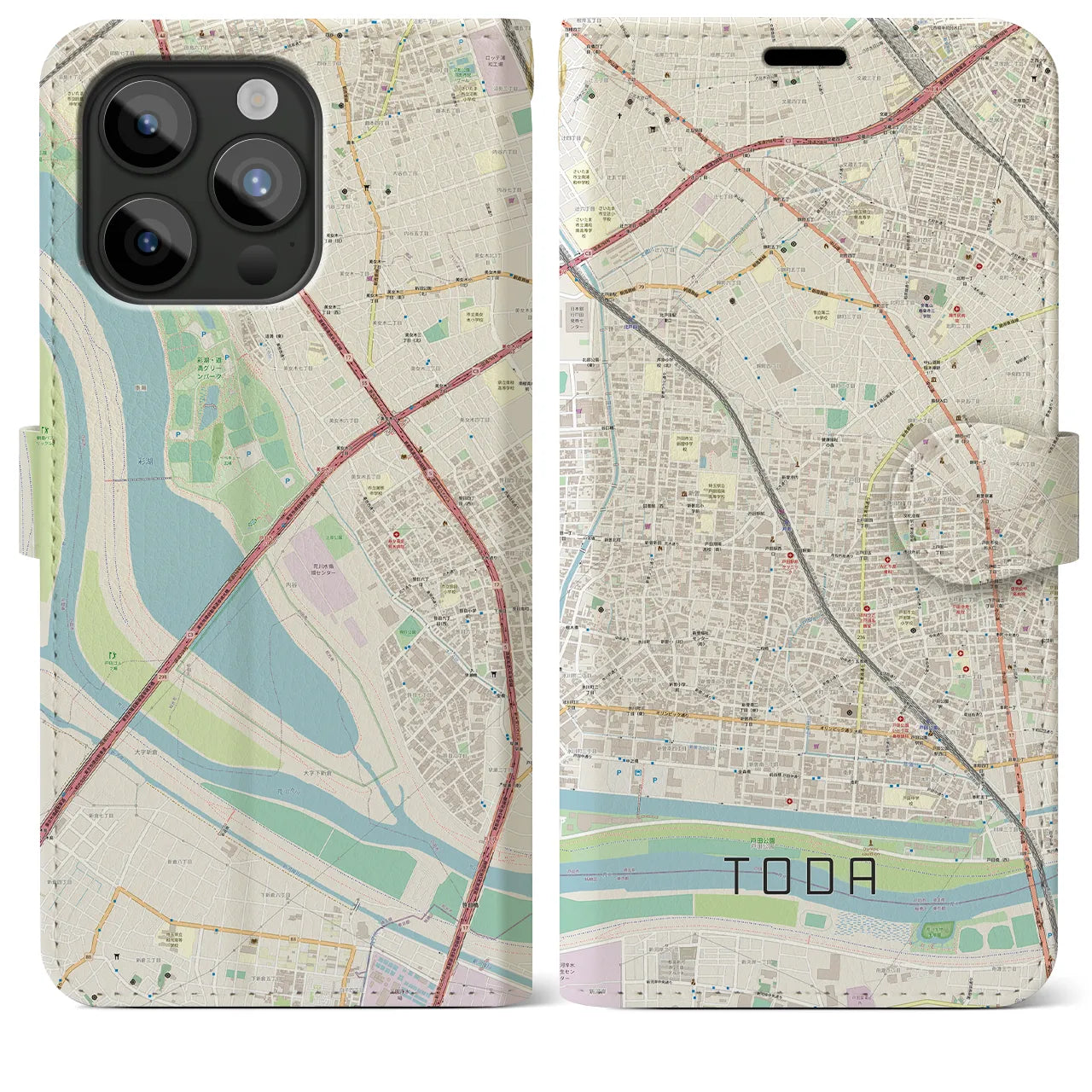 【戸田】地図柄iPhoneケース（手帳両面タイプ・ナチュラル）iPhone 15 Pro Max 用
