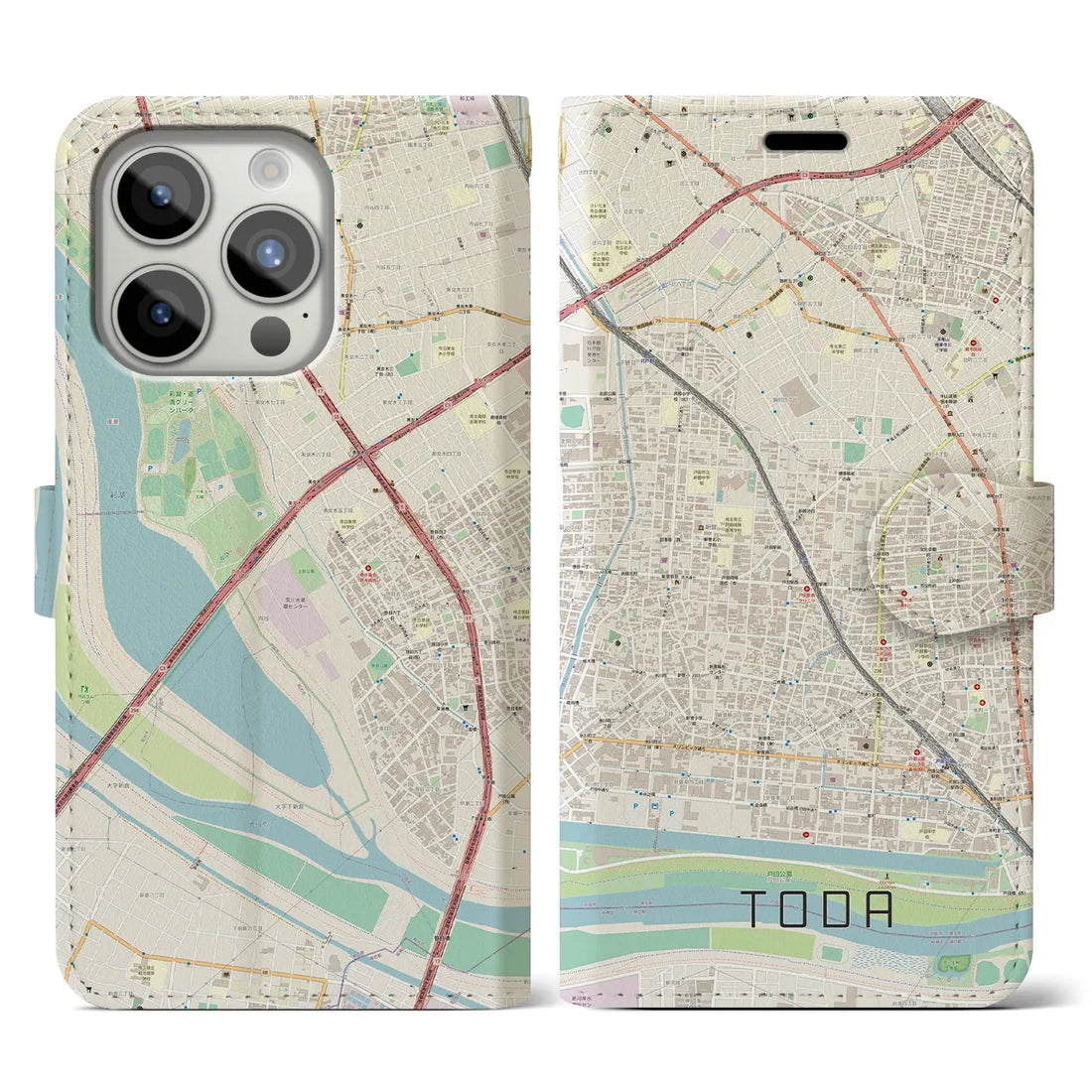 【戸田】地図柄iPhoneケース（手帳両面タイプ・ナチュラル）iPhone 15 Pro 用