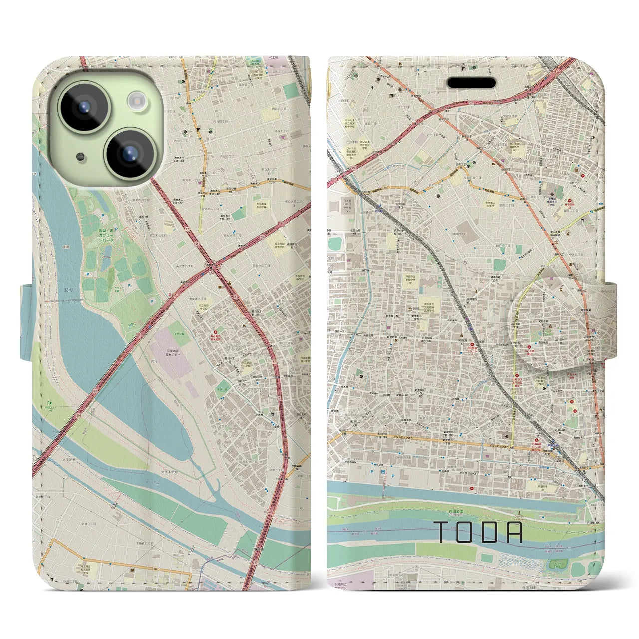 【戸田】地図柄iPhoneケース（手帳両面タイプ・ナチュラル）iPhone 15 用