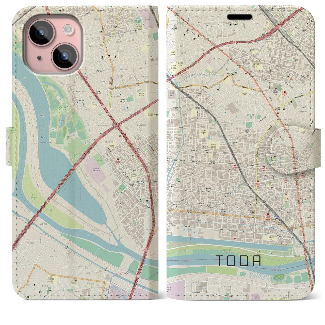 【戸田】地図柄iPhoneケース（手帳両面タイプ・ナチュラル）iPhone 15 Plus 用