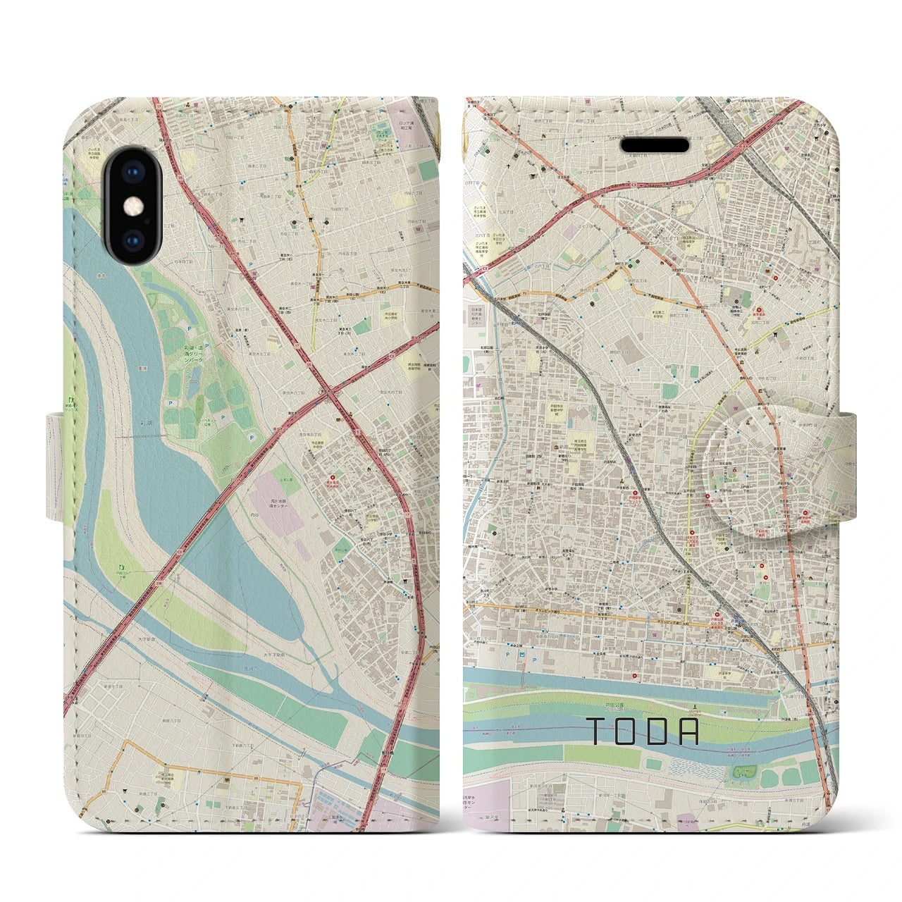 【戸田】地図柄iPhoneケース（手帳両面タイプ・ナチュラル）iPhone XS / X 用