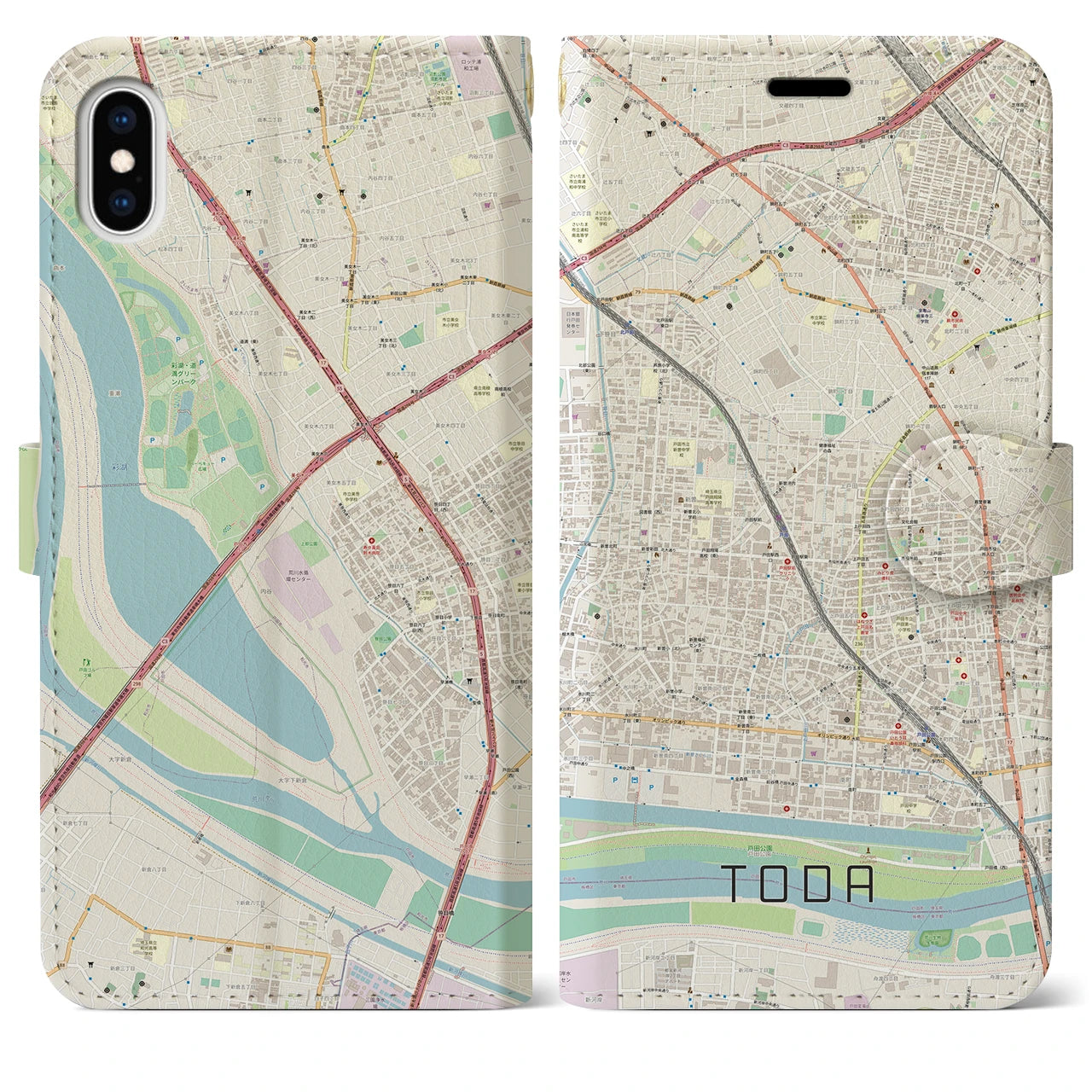 【戸田】地図柄iPhoneケース（手帳両面タイプ・ナチュラル）iPhone XS Max 用