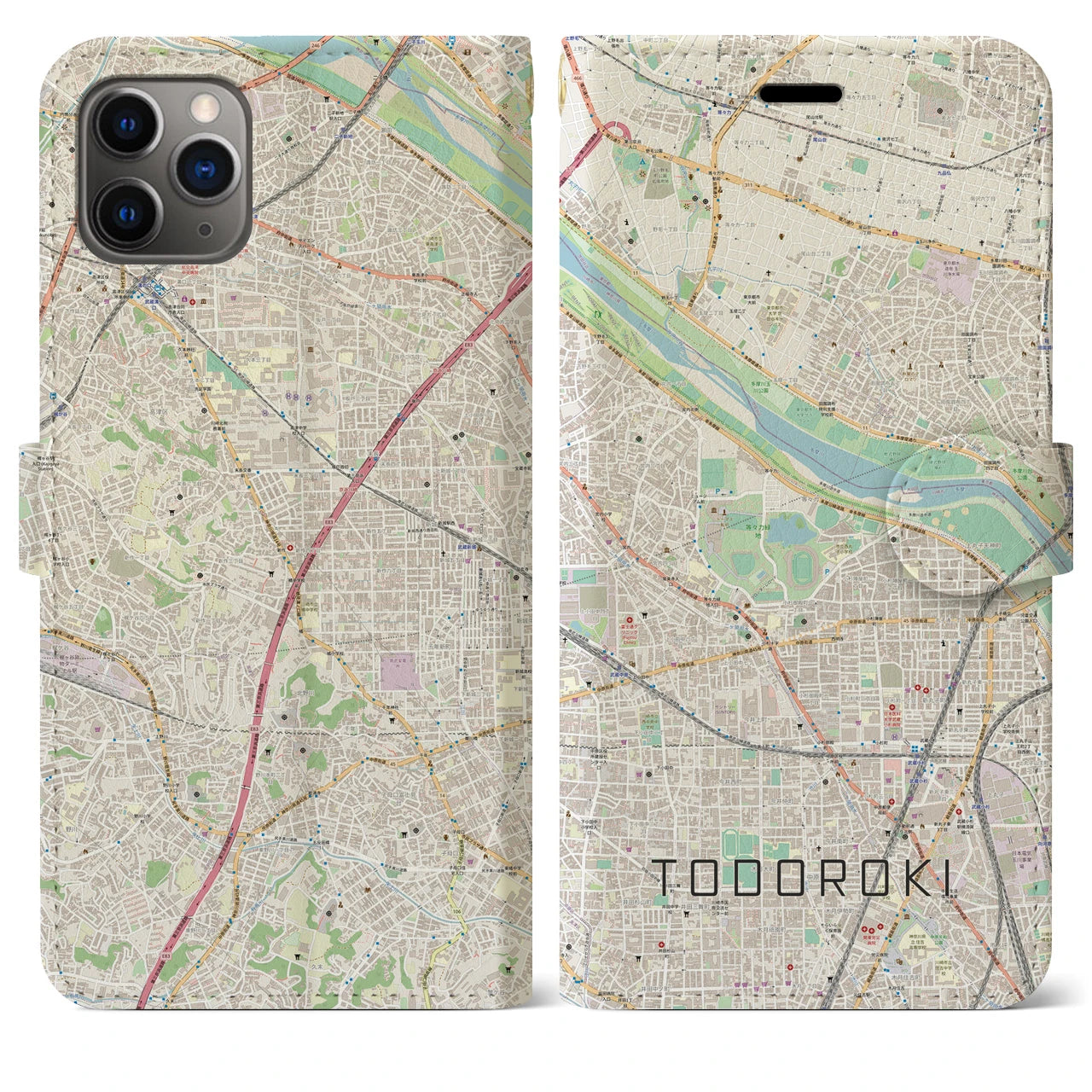 【等々力（神奈川県）】地図柄iPhoneケース（手帳両面タイプ・ナチュラル）iPhone 11 Pro Max 用