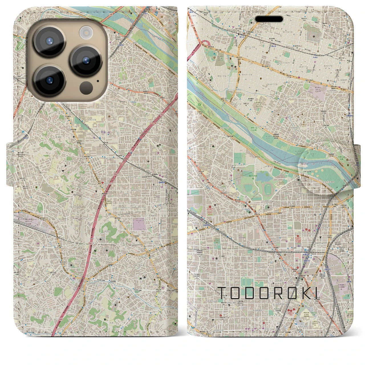 【等々力（神奈川県）】地図柄iPhoneケース（手帳両面タイプ・ナチュラル）iPhone 14 Pro Max 用