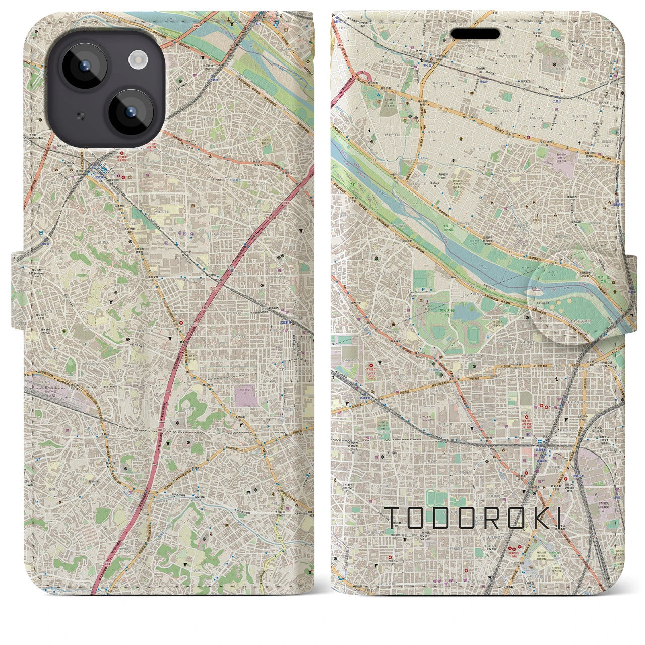 【等々力（神奈川県）】地図柄iPhoneケース（手帳両面タイプ・ナチュラル）iPhone 14 Plus 用