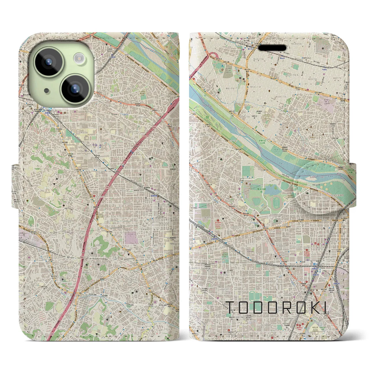 【等々力（神奈川県）】地図柄iPhoneケース（手帳タイプ）ナチュラル・iPhone 15 用