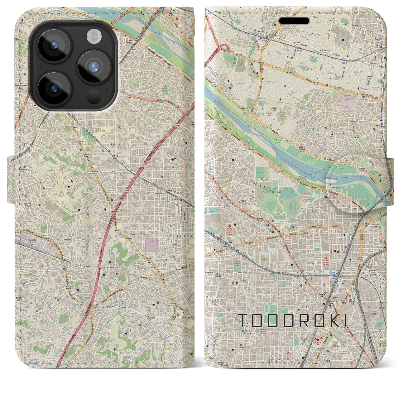 【等々力（神奈川県）】地図柄iPhoneケース（手帳両面タイプ・ナチュラル）iPhone 15 Pro Max 用