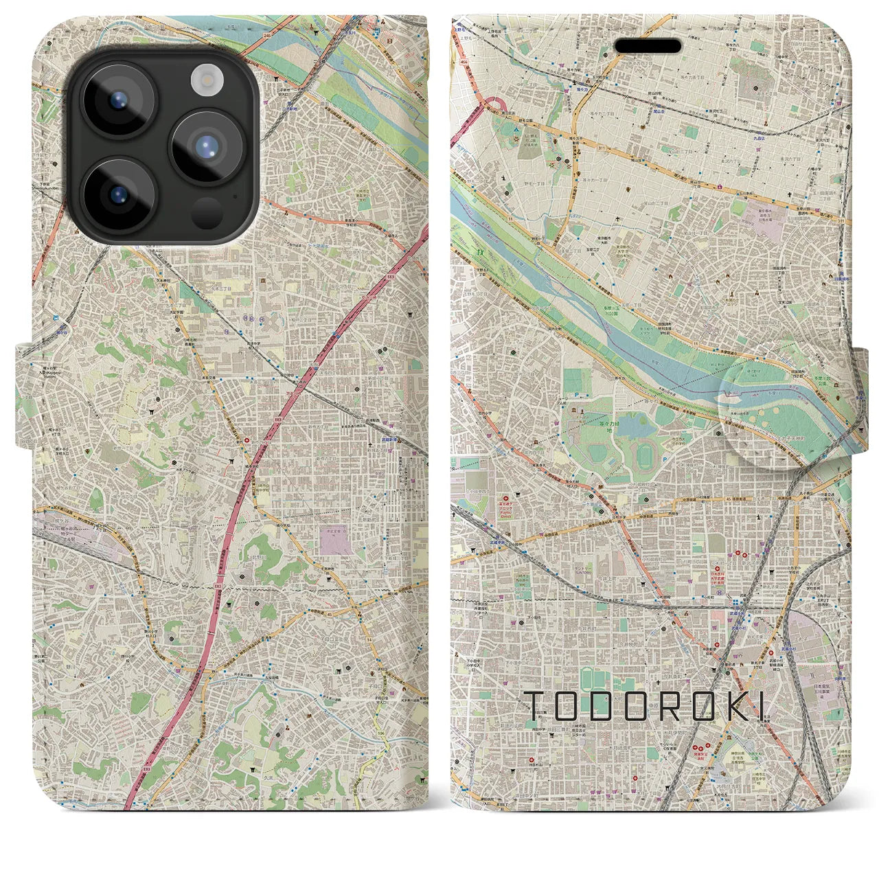 【等々力（神奈川県）】地図柄iPhoneケース（手帳タイプ）ナチュラル・iPhone 15 Pro Max 用