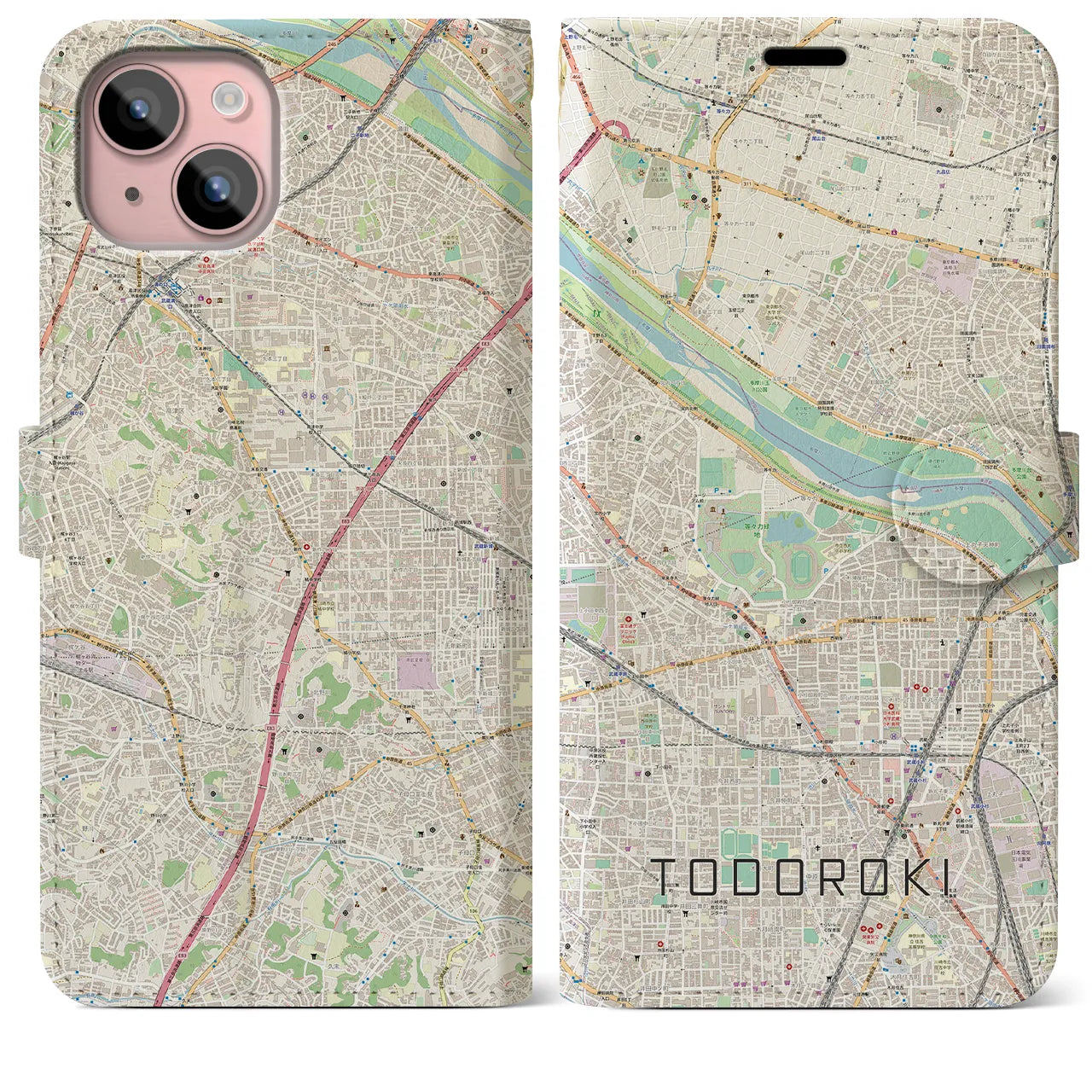 【等々力（神奈川県）】地図柄iPhoneケース（手帳両面タイプ・ナチュラル）iPhone 15 Plus 用