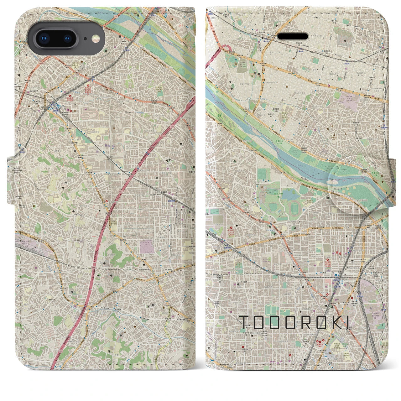 【等々力（神奈川県）】地図柄iPhoneケース（手帳両面タイプ・ナチュラル）iPhone 8Plus /7Plus / 6sPlus / 6Plus 用