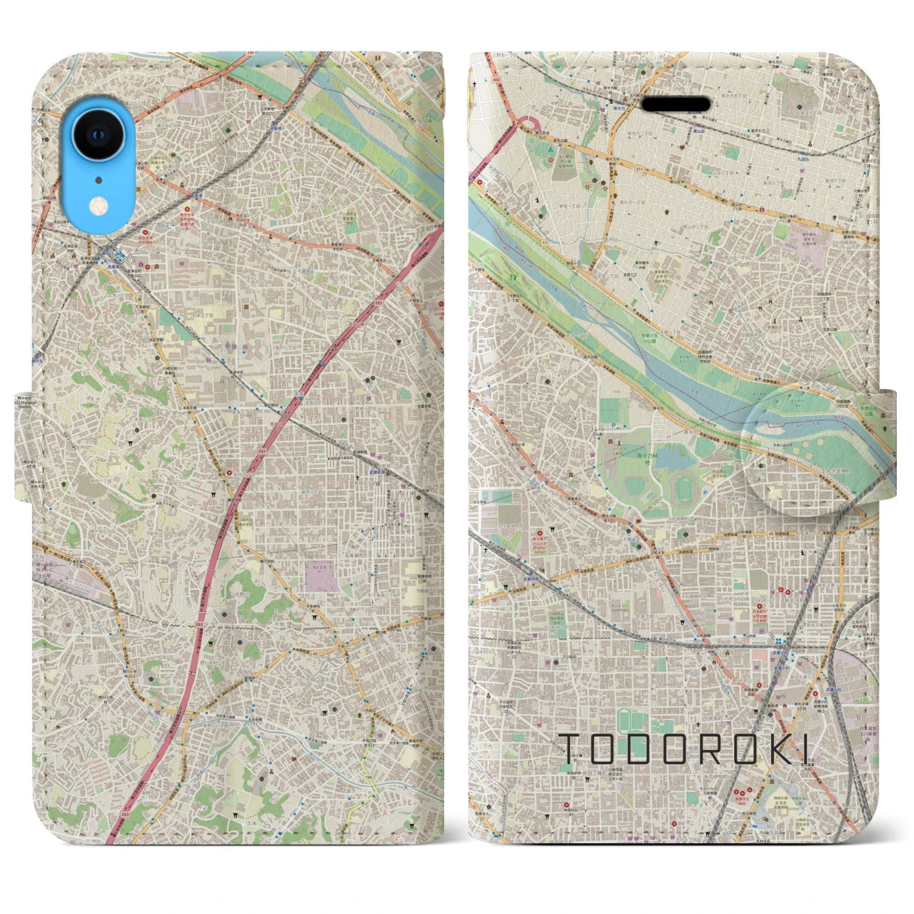 【等々力（神奈川県）】地図柄iPhoneケース（手帳両面タイプ・ナチュラル）iPhone XR 用