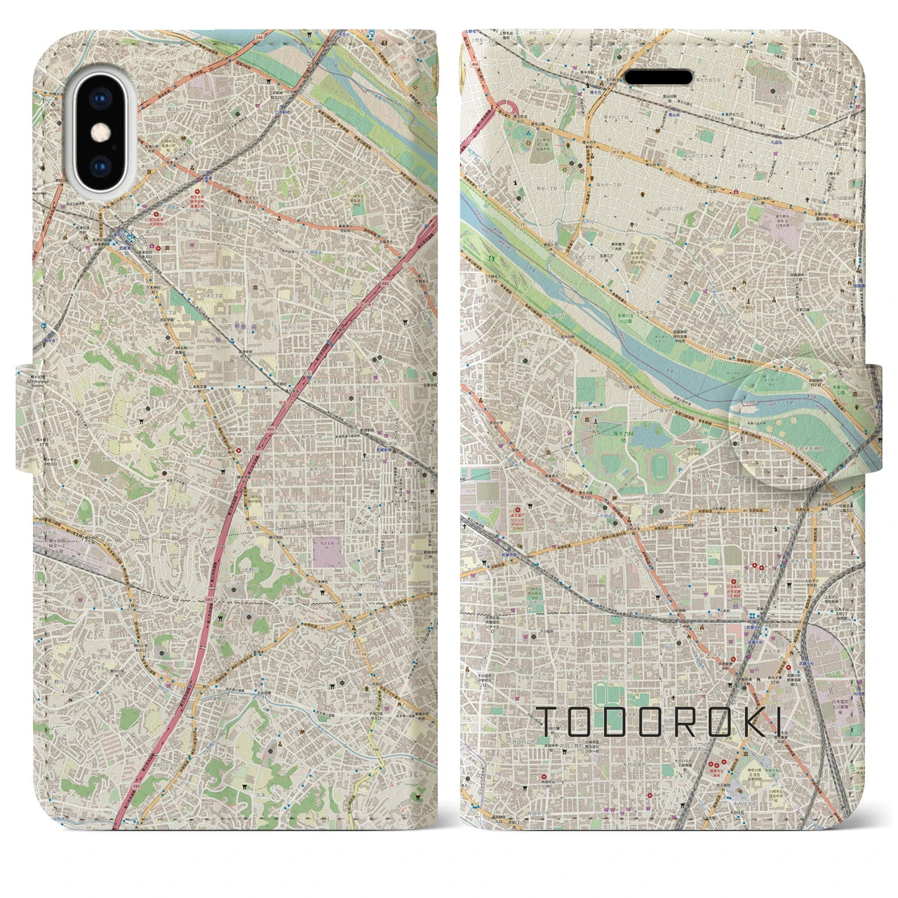 【等々力（神奈川県）】地図柄iPhoneケース（手帳両面タイプ・ナチュラル）iPhone XS Max 用