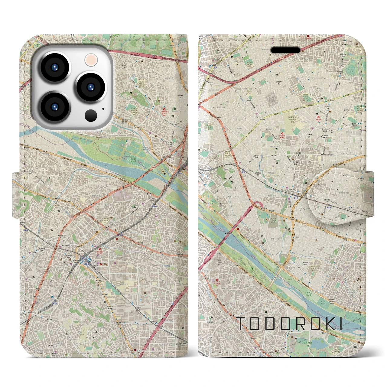 【等々力】地図柄iPhoneケース（手帳両面タイプ・ナチュラル）iPhone 13 Pro 用