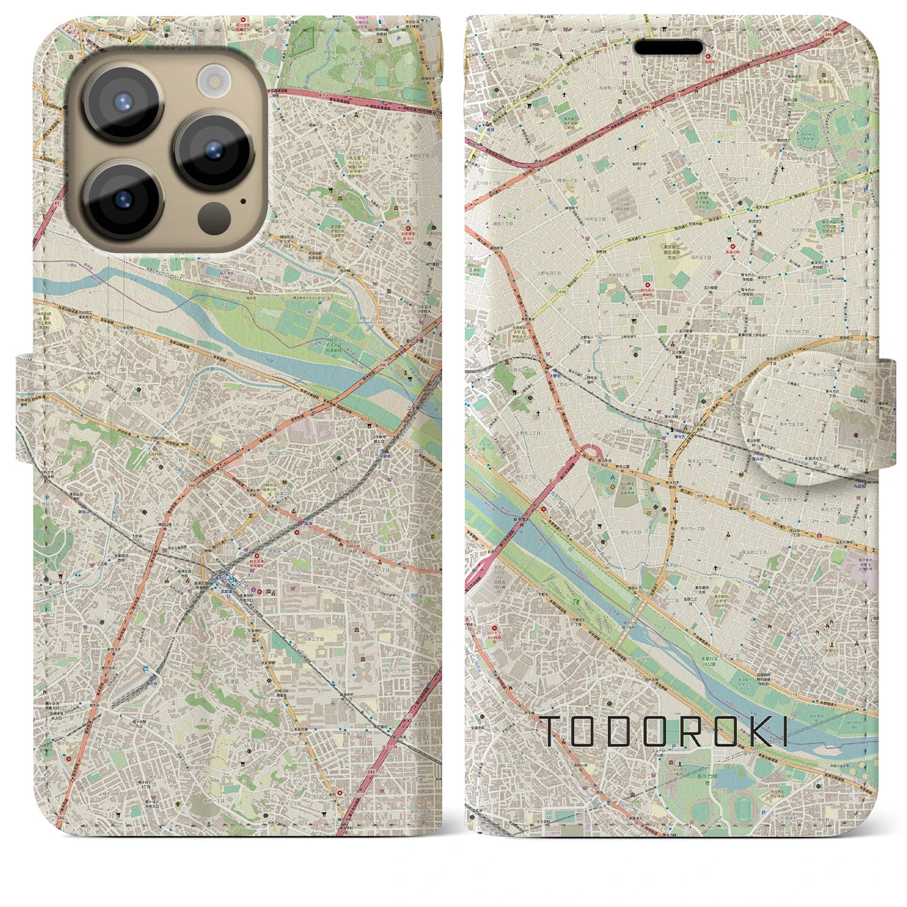 【等々力】地図柄iPhoneケース（手帳両面タイプ・ナチュラル）iPhone 14 Pro Max 用