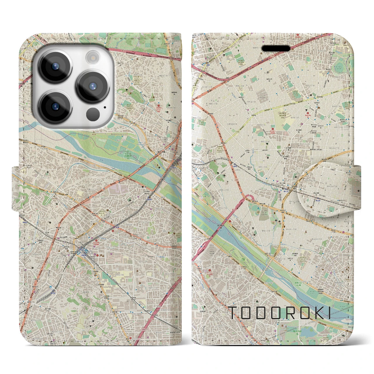 【等々力】地図柄iPhoneケース（手帳両面タイプ・ナチュラル）iPhone 14 Pro 用