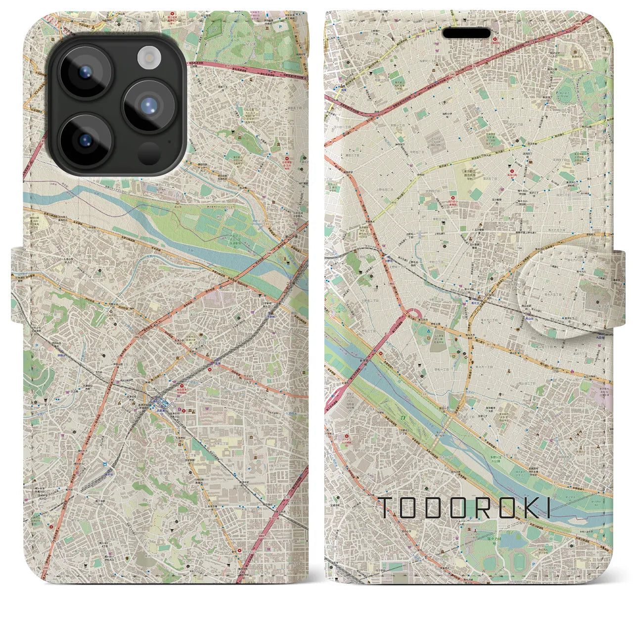 【等々力】地図柄iPhoneケース（手帳両面タイプ・ナチュラル）iPhone 15 Pro Max 用