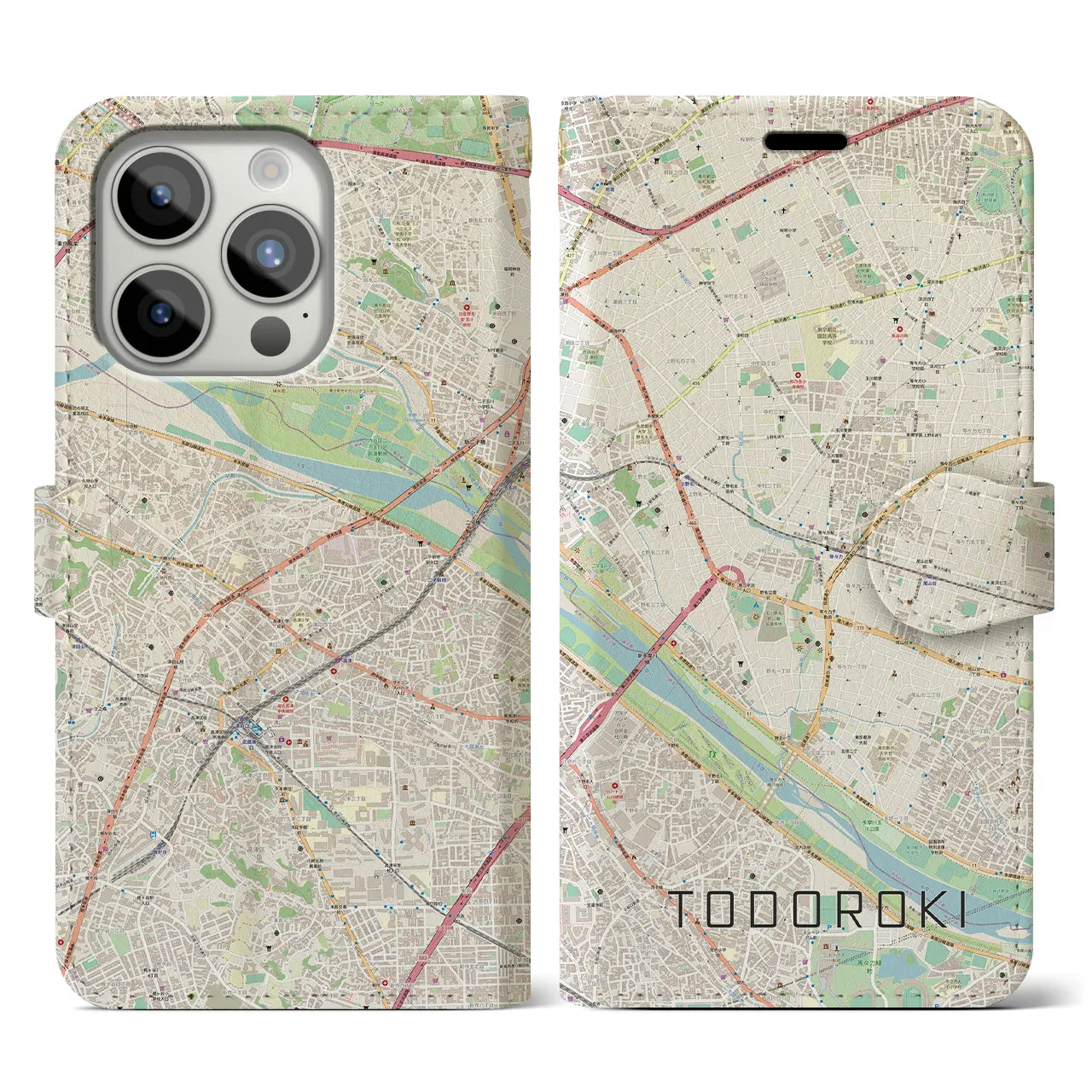 【等々力】地図柄iPhoneケース（手帳両面タイプ・ナチュラル）iPhone 15 Pro 用