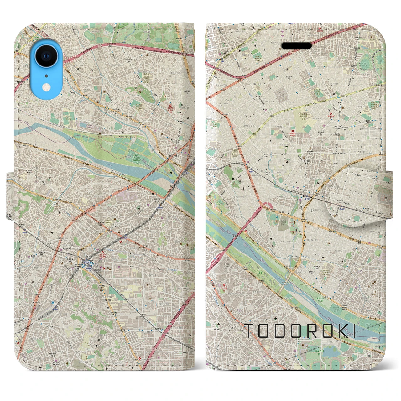【等々力】地図柄iPhoneケース（手帳両面タイプ・ナチュラル）iPhone XR 用