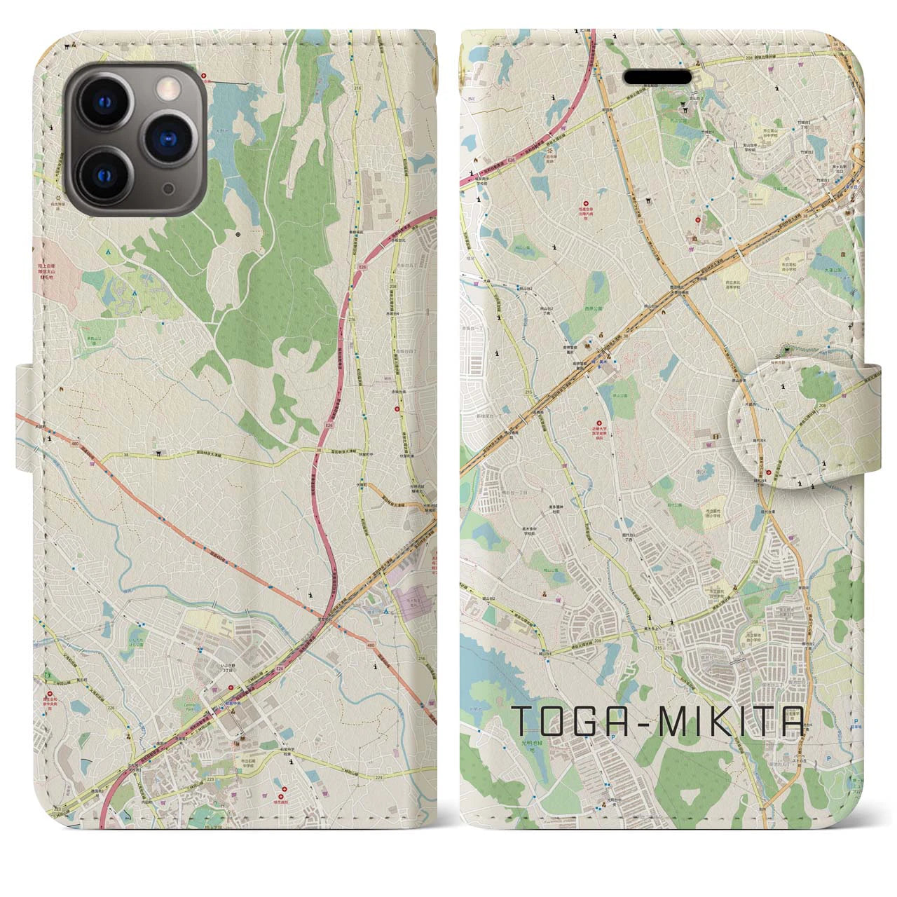 【栂・美木多】地図柄iPhoneケース（手帳両面タイプ・ナチュラル）iPhone 11 Pro Max 用