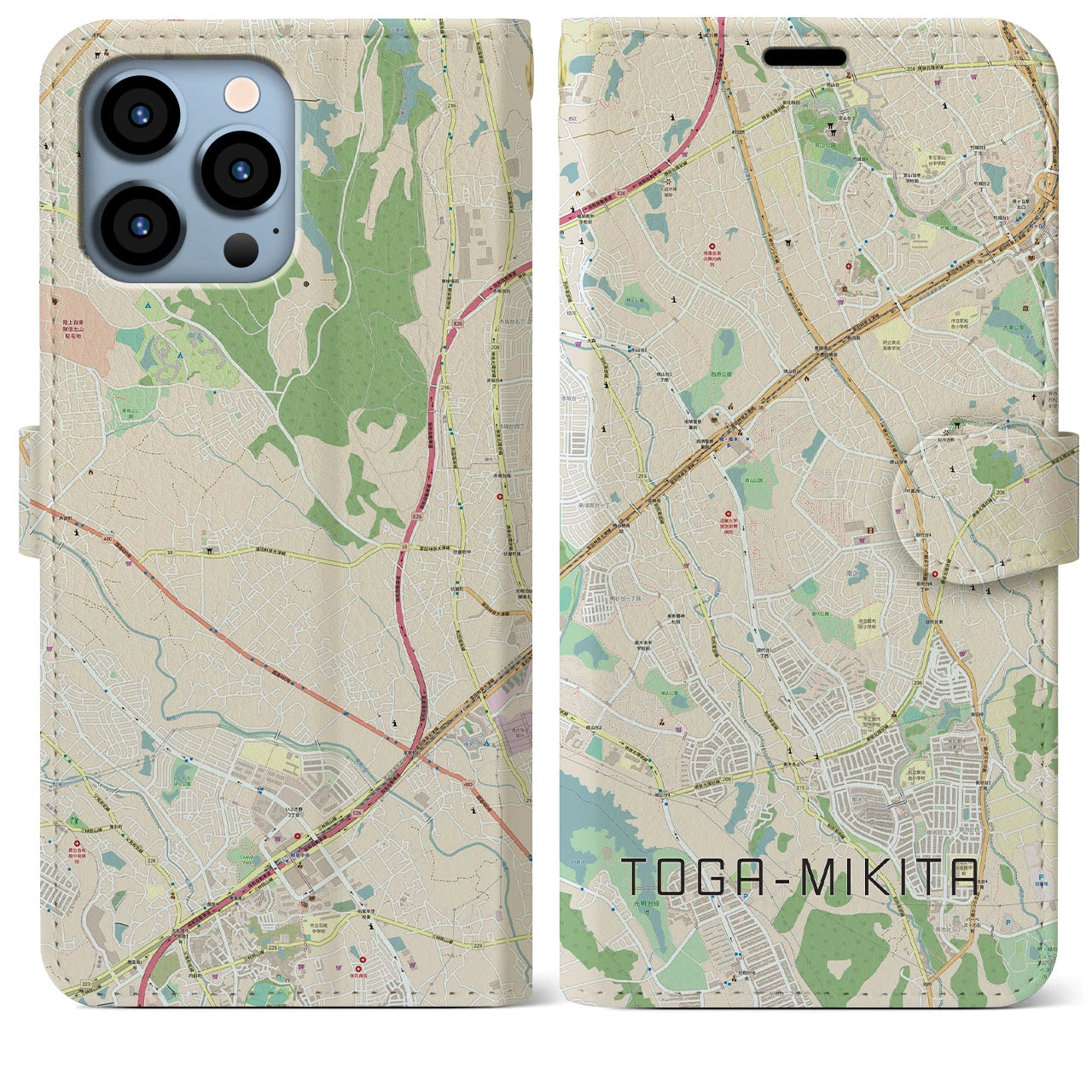 【栂・美木多】地図柄iPhoneケース（手帳両面タイプ・ナチュラル）iPhone 13 Pro Max 用