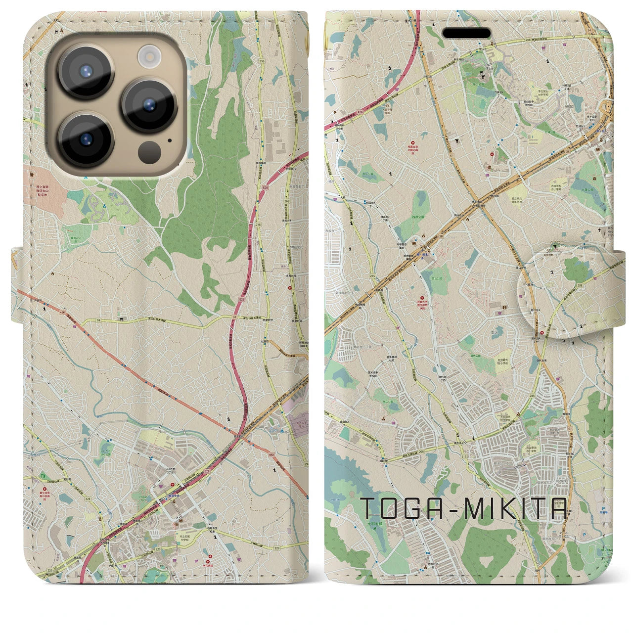 【栂・美木多】地図柄iPhoneケース（手帳両面タイプ・ナチュラル）iPhone 14 Pro Max 用