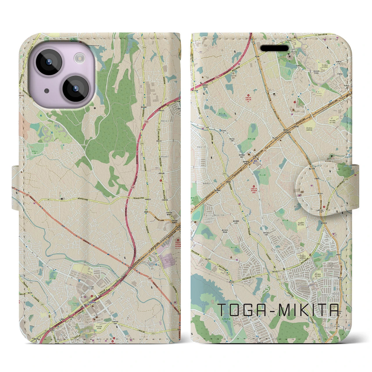 【栂・美木多】地図柄iPhoneケース（手帳両面タイプ・ナチュラル）iPhone 14 用