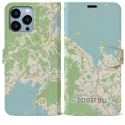 【時津（長崎県）】地図柄iPhoneケース（手帳タイプ）ナチュラル・iPhone 13 Pro Max 用