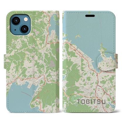 【時津（長崎県）】地図柄iPhoneケース（手帳タイプ）ナチュラル・iPhone 13 用