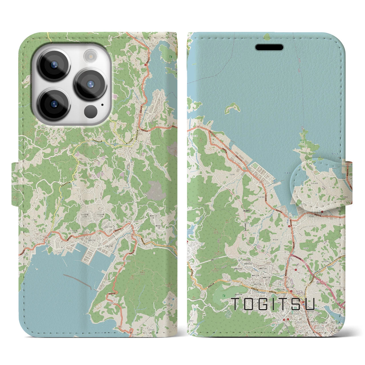 【時津】地図柄iPhoneケース（手帳両面タイプ・ナチュラル）iPhone 14 Pro 用