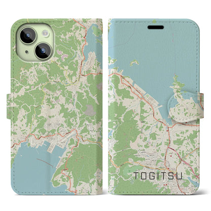 【時津（長崎県）】地図柄iPhoneケース（手帳タイプ）ナチュラル・iPhone 15 用