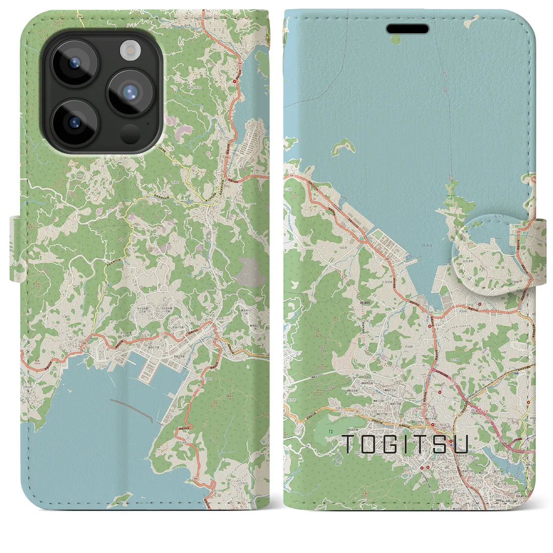 【時津】地図柄iPhoneケース（手帳両面タイプ・ナチュラル）iPhone 15 Pro Max 用