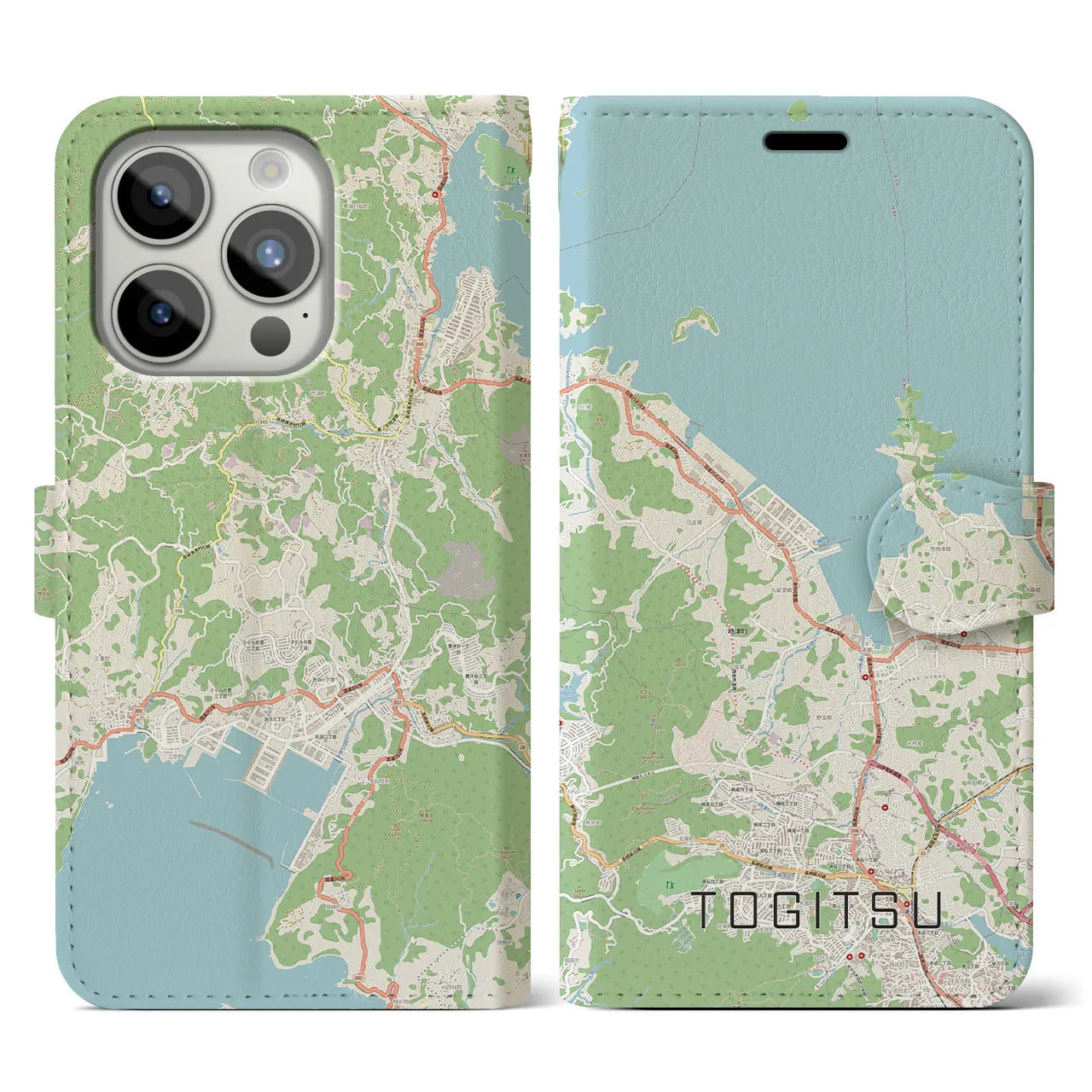 【時津】地図柄iPhoneケース（手帳両面タイプ・ナチュラル）iPhone 15 Pro 用
