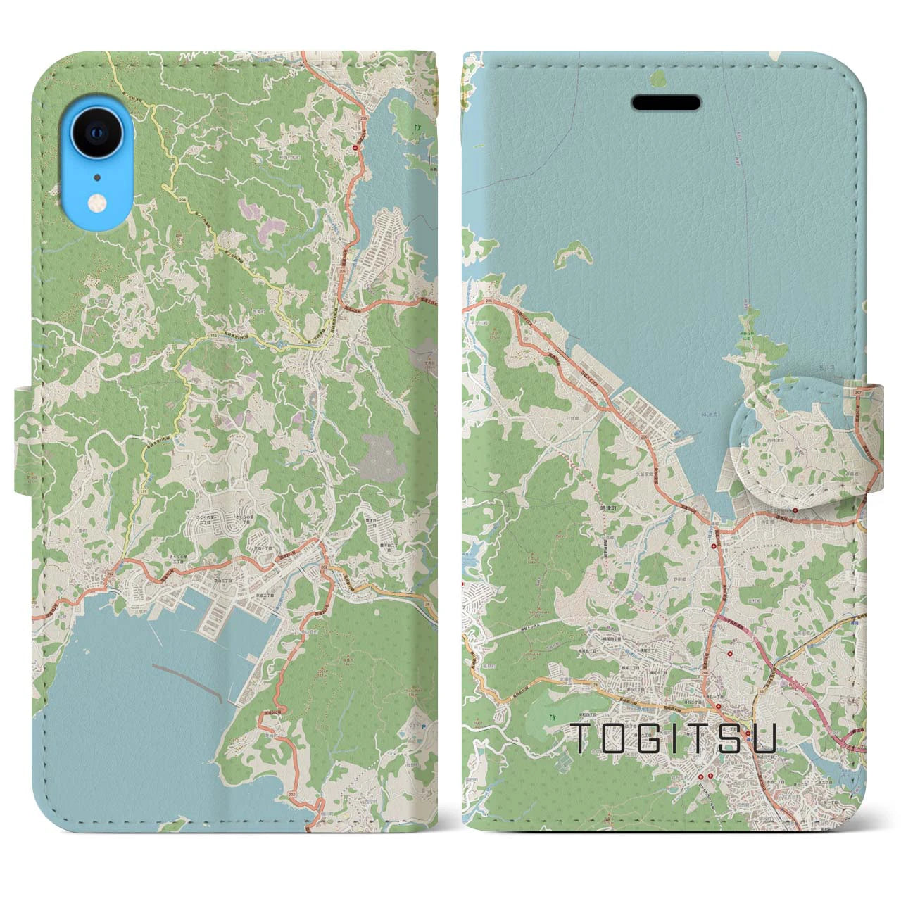 【時津】地図柄iPhoneケース（手帳両面タイプ・ナチュラル）iPhone XR 用