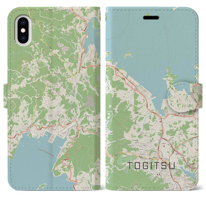 【時津（長崎県）】地図柄iPhoneケース（手帳タイプ）ナチュラル・iPhone XS Max 用