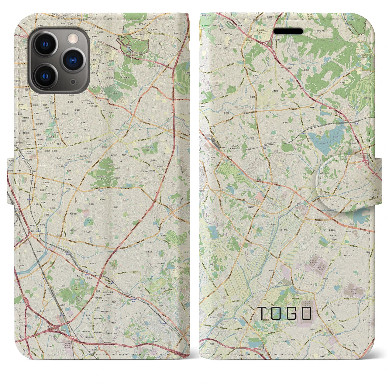 【東郷】地図柄iPhoneケース（手帳両面タイプ・ナチュラル）iPhone 11 Pro Max 用