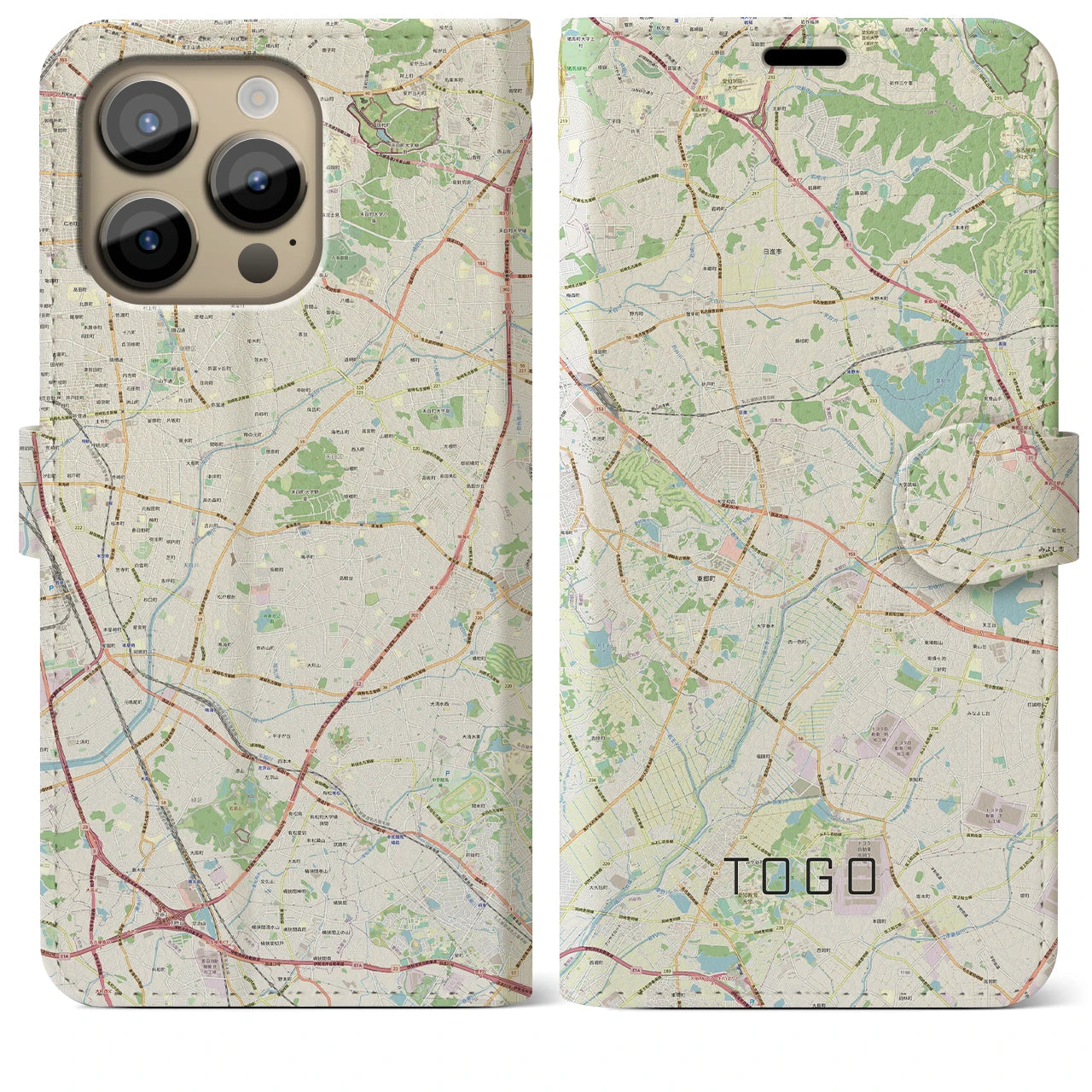 【東郷】地図柄iPhoneケース（手帳両面タイプ・ナチュラル）iPhone 14 Pro Max 用