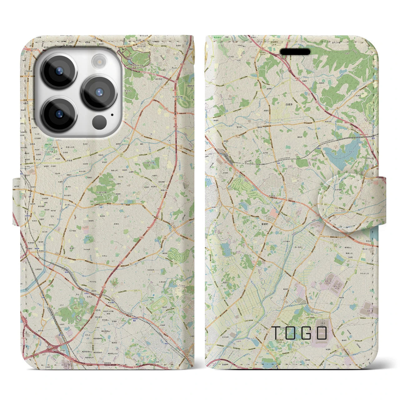 【東郷】地図柄iPhoneケース（手帳両面タイプ・ナチュラル）iPhone 14 Pro 用