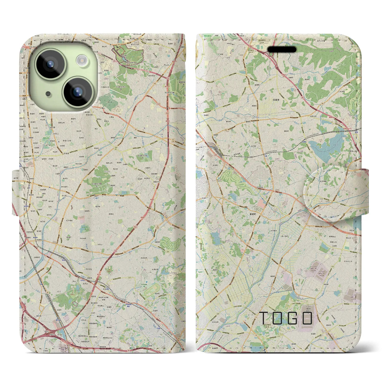 【東郷】地図柄iPhoneケース（手帳両面タイプ・ナチュラル）iPhone 15 用