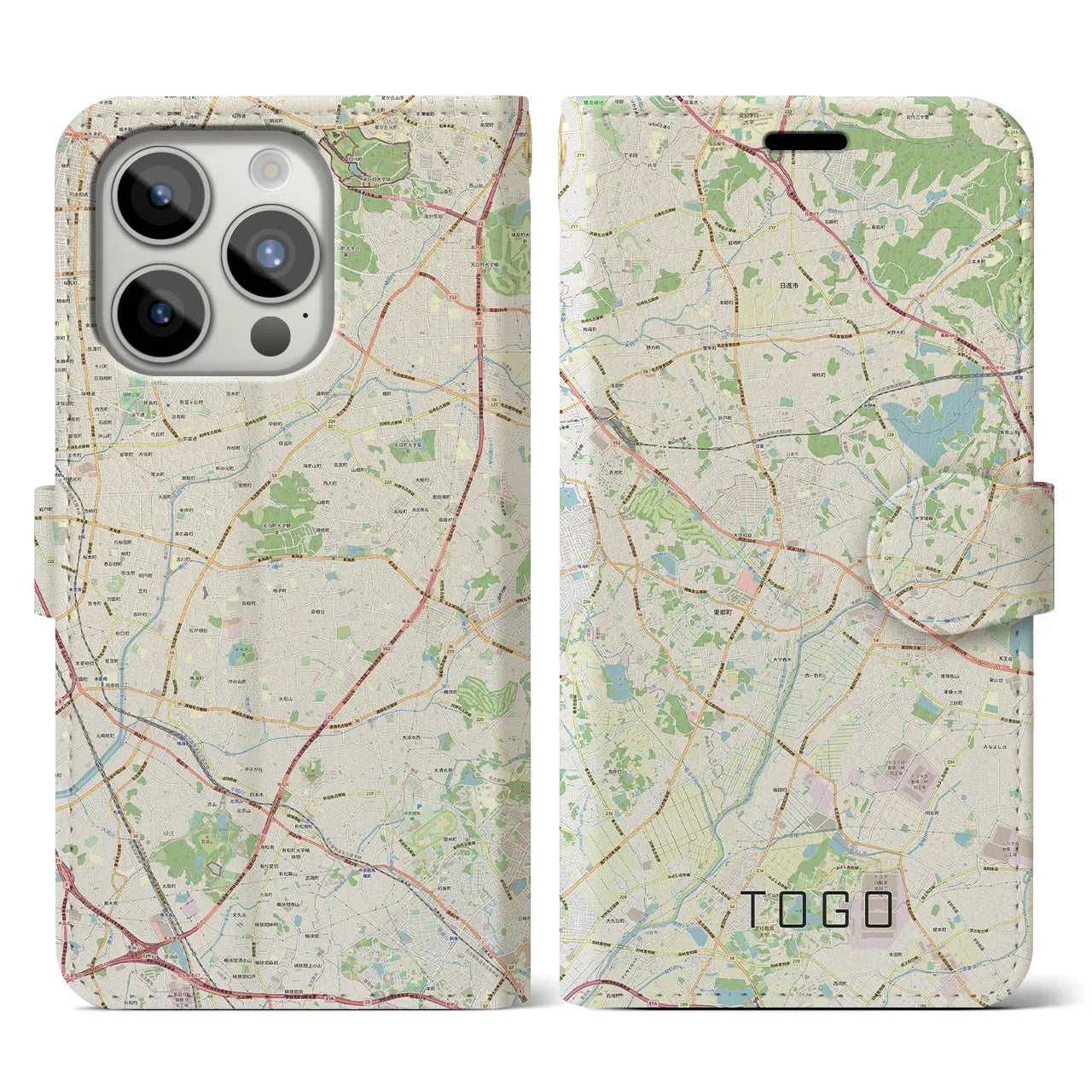 【東郷】地図柄iPhoneケース（手帳両面タイプ・ナチュラル）iPhone 15 Pro 用