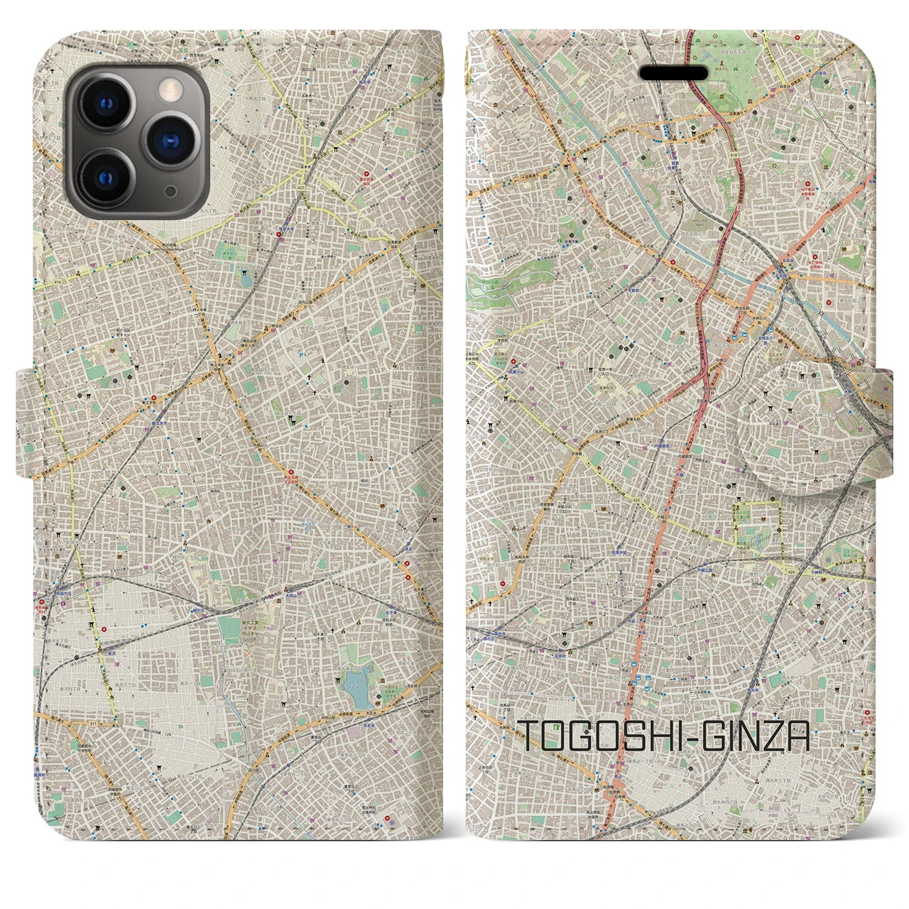 【戸越銀座】地図柄iPhoneケース（手帳両面タイプ・ナチュラル）iPhone 11 Pro Max 用
