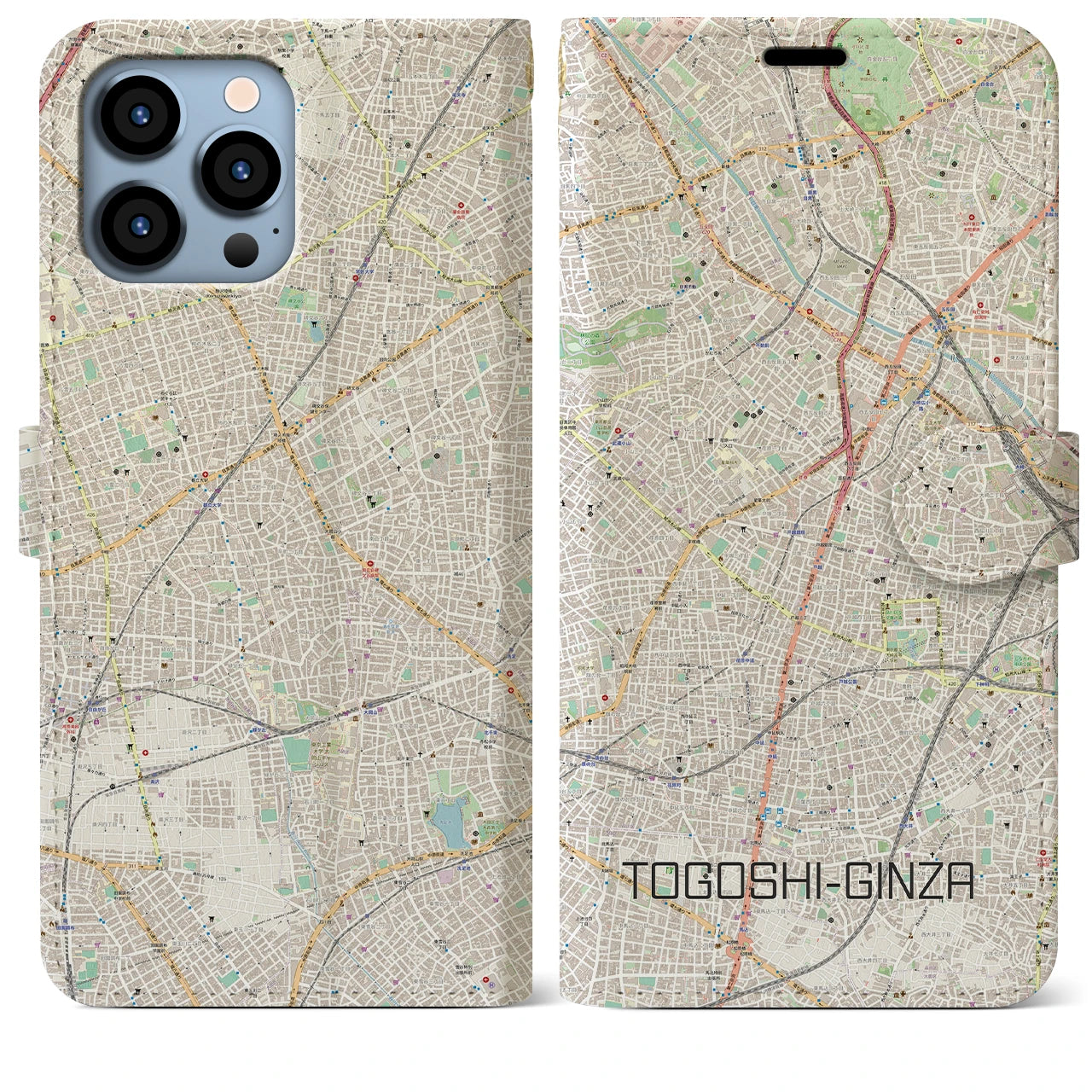【戸越銀座】地図柄iPhoneケース（手帳両面タイプ・ナチュラル）iPhone 13 Pro Max 用