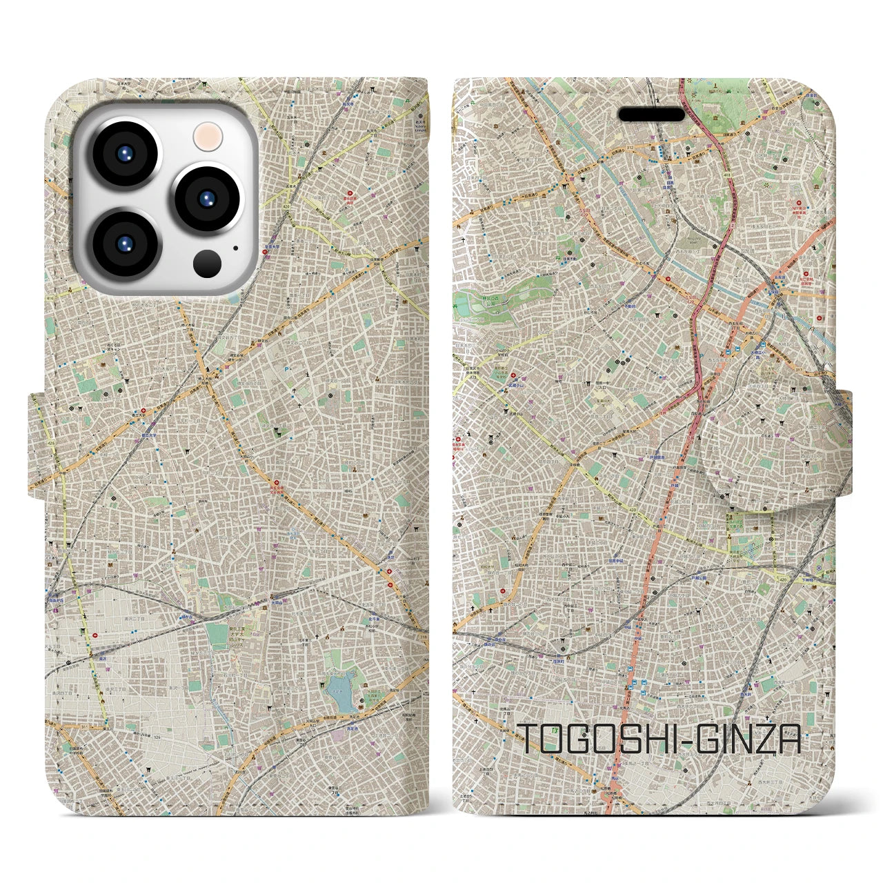 【戸越銀座】地図柄iPhoneケース（手帳両面タイプ・ナチュラル）iPhone 13 Pro 用