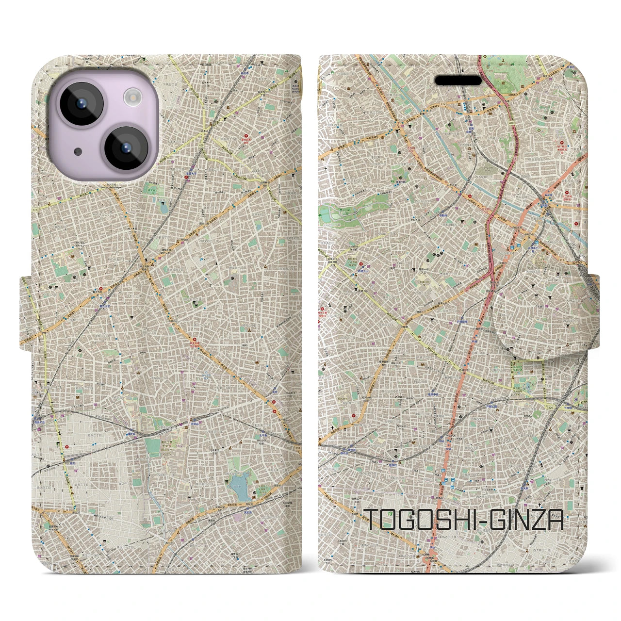 【戸越銀座】地図柄iPhoneケース（手帳両面タイプ・ナチュラル）iPhone 14 用