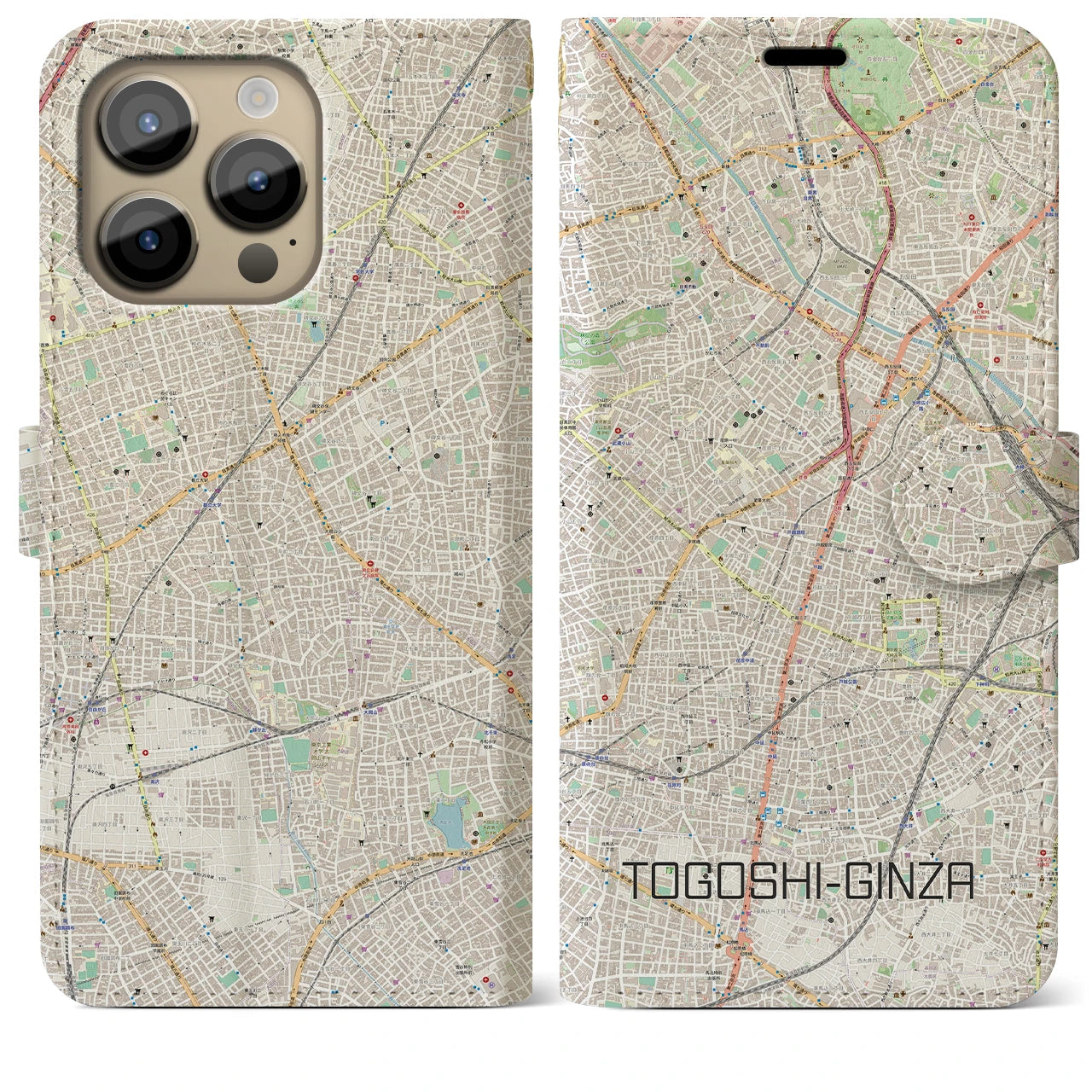 【戸越銀座】地図柄iPhoneケース（手帳両面タイプ・ナチュラル）iPhone 14 Pro Max 用