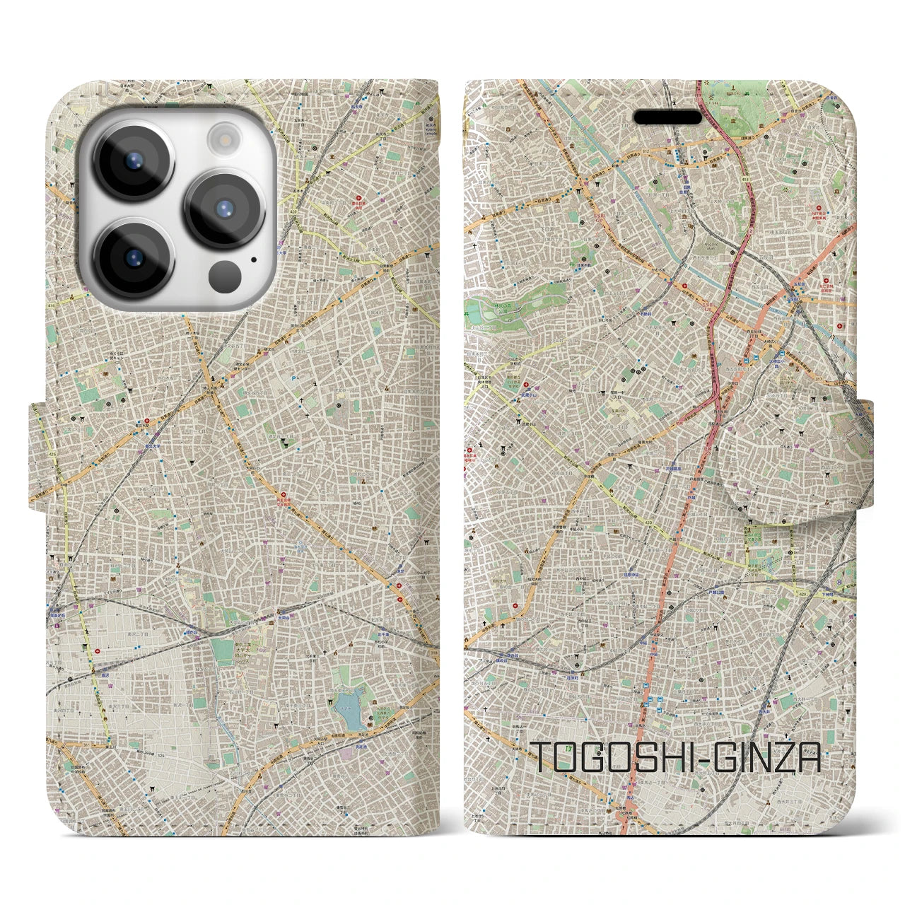 【戸越銀座】地図柄iPhoneケース（手帳両面タイプ・ナチュラル）iPhone 14 Pro 用